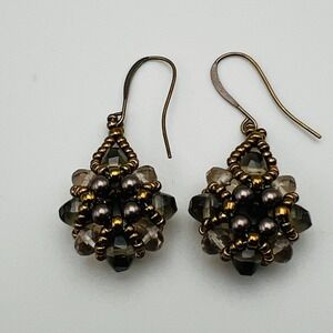 Vintage Beaded Drop Earrings Faceted Crystal Cluster Brass Tone Artisan Style